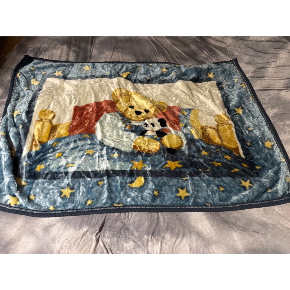 Teddy Bear Panda Sleepy Time Celestial Stars Moon Blue Fleece Throw Blanket